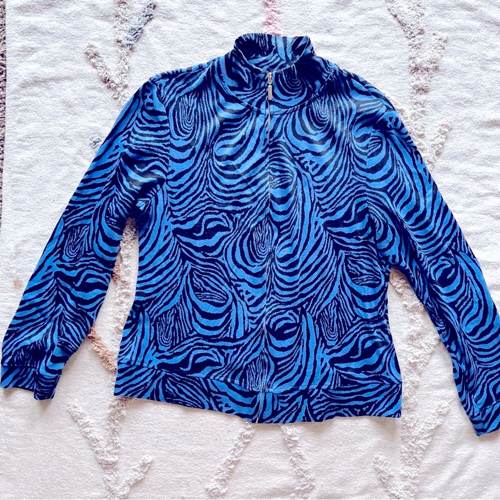 Rafaella Black Blue Zebra Patterned Lightweight Zip Up Sweater Jacket large L